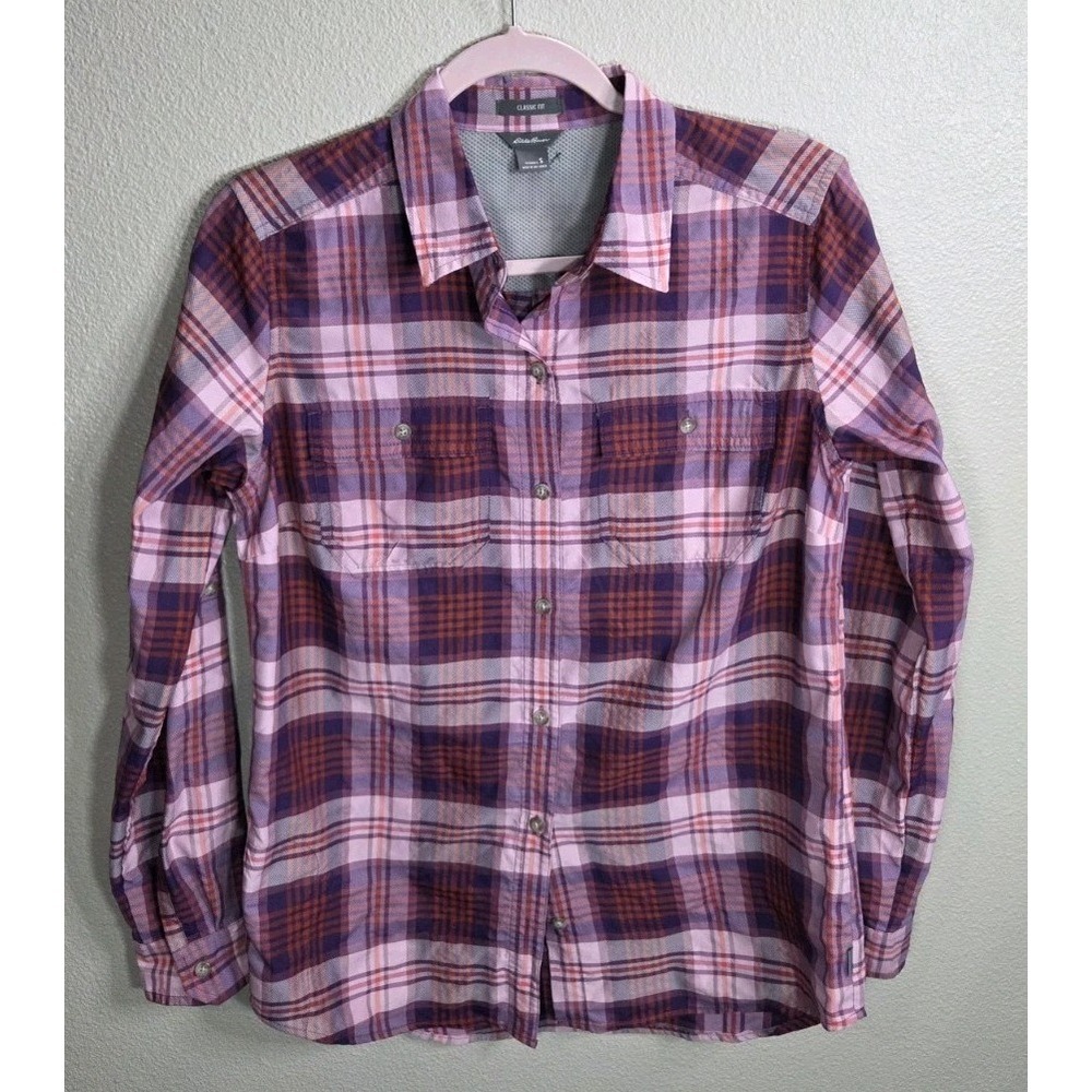 Eddie Bauer Women's Small Plaid Button Down Shirt Classic Fit Pink Purple Orange